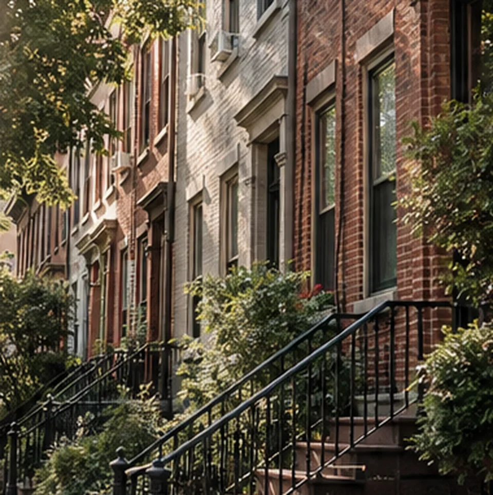 Illustrative residential streetscape with brick facades, planted stoops and iron railings